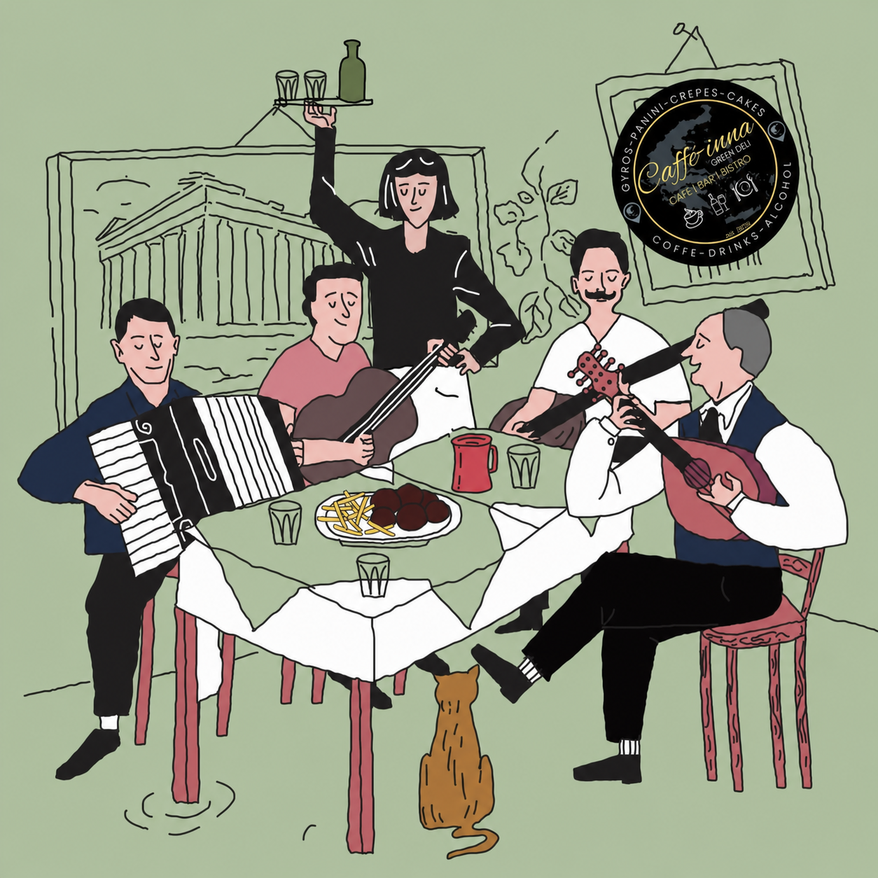 Illustration of musicians gathered around a table with the Caffe-Inna logo