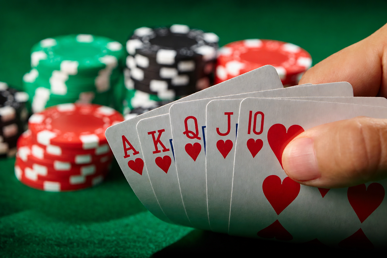 A royal flush of hearts held over poker chips on green felt