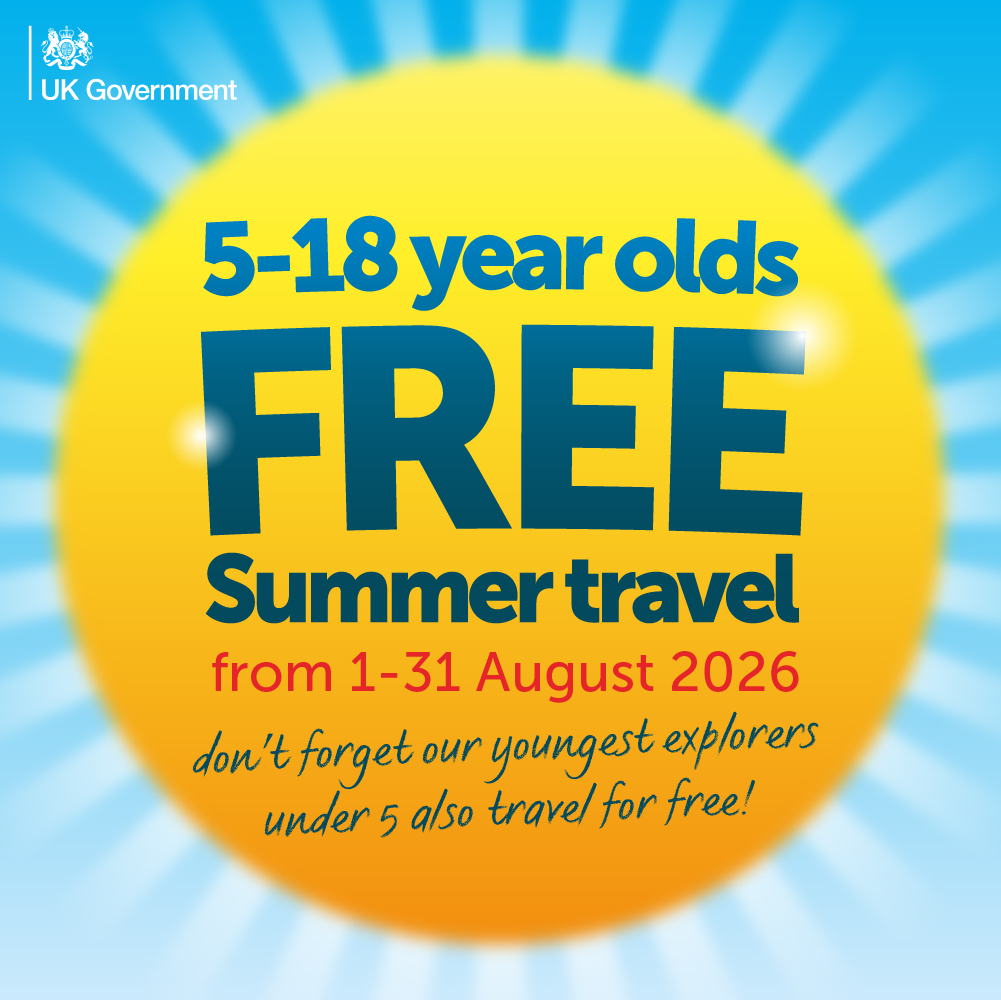 UK Government poster advertising free summer bus travel for 5 to 18 year olds from 1 to 31 August 2026