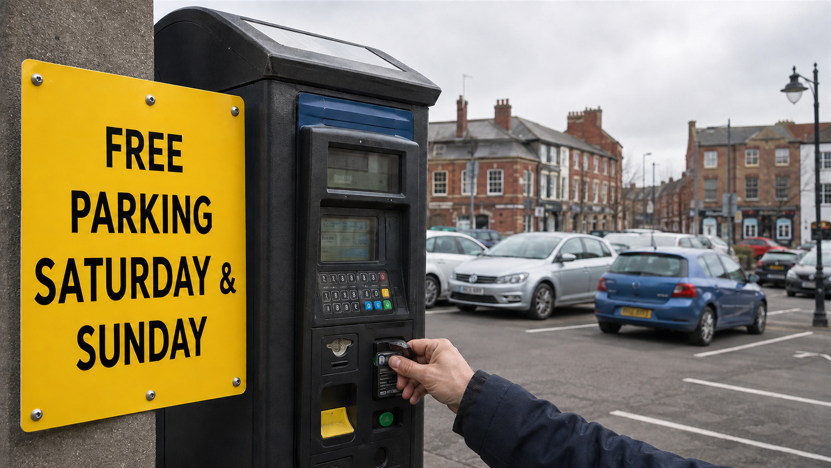 A yellow sign beside a parking meter stating that parking is free on Saturdays and Sundays