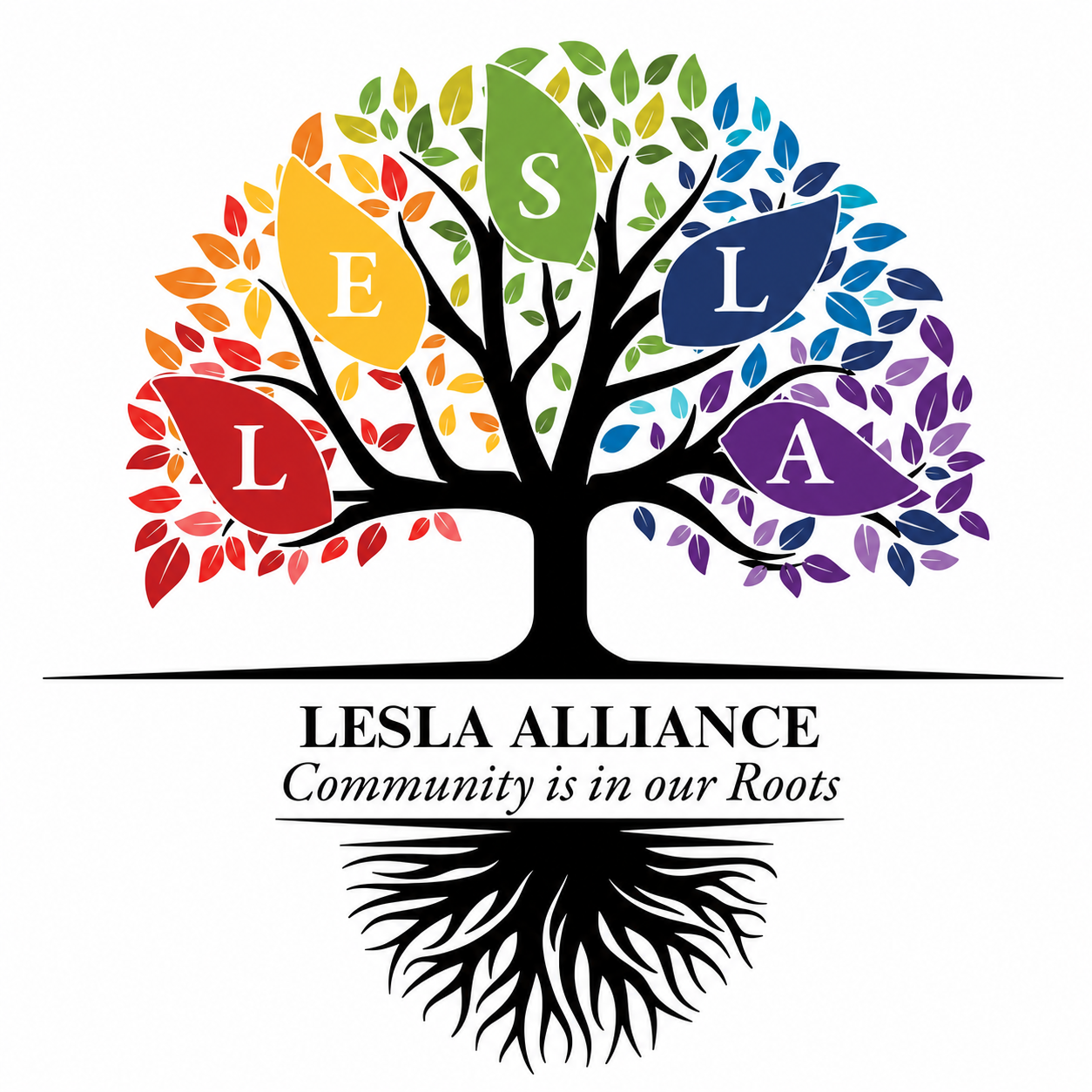 LESLA Alliance logo featuring a tree with colourful leaves and the words Community is in our Roots