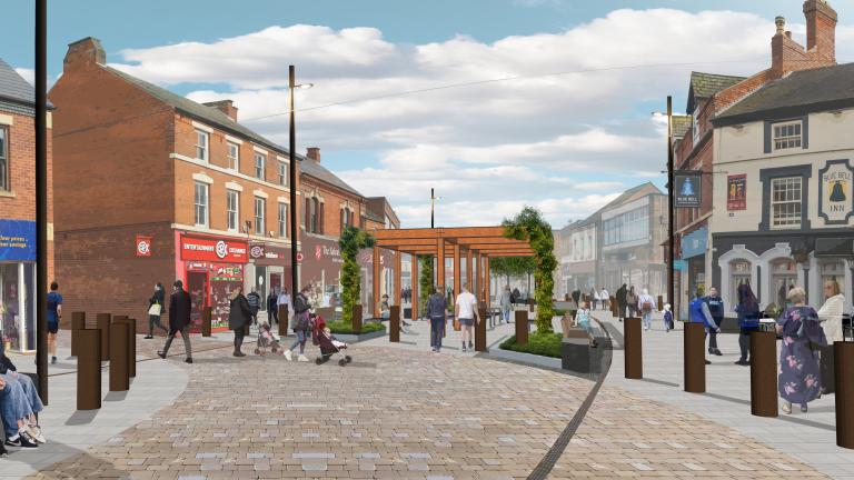 Artist's impression of the transformed Long Eaton High Street with new paving, planting, seating and a timber pergola