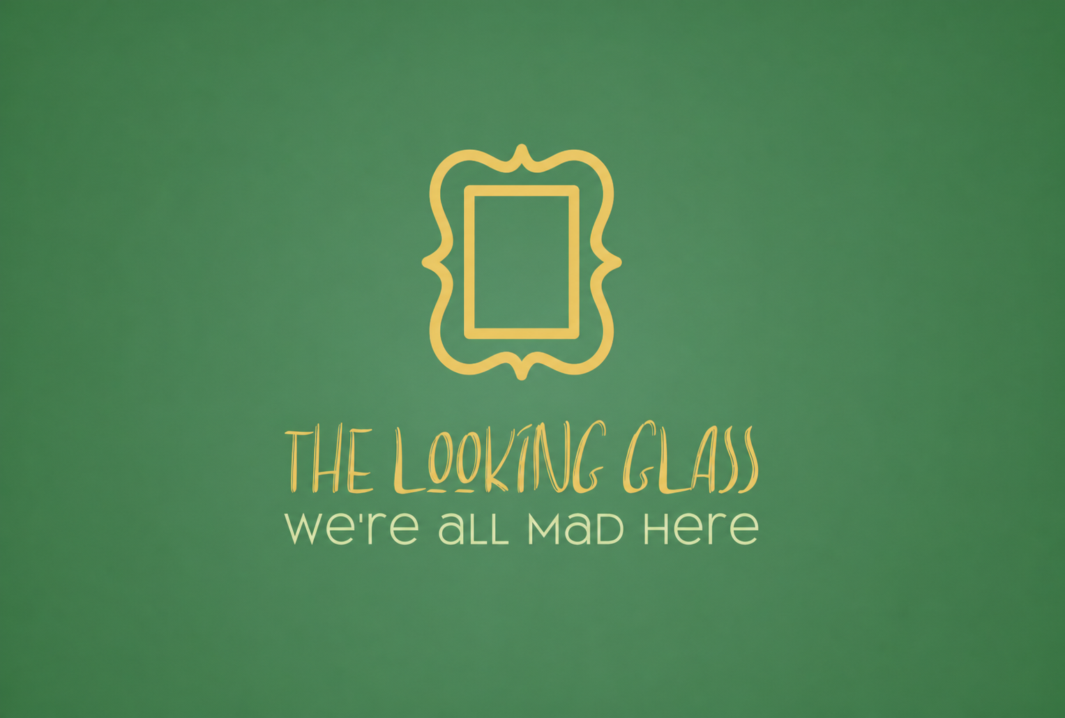 The Looking Glass logo with a yellow mirror and the words we’re all mad here on a green background